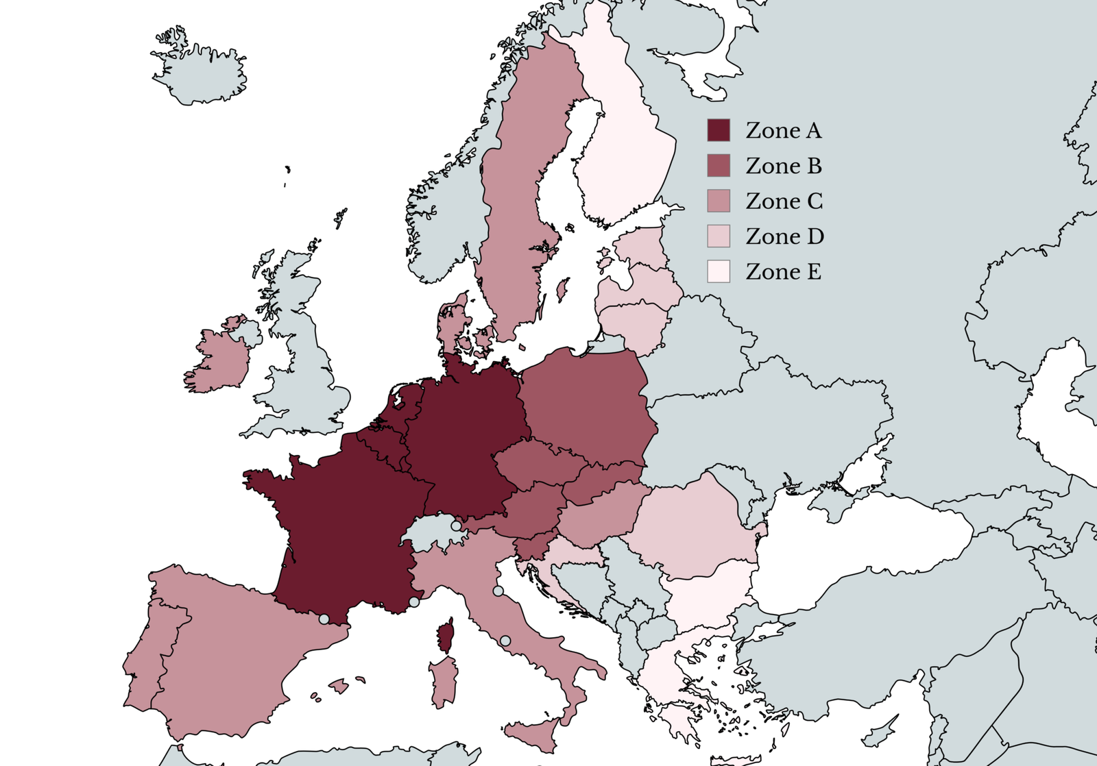 Map of EU shipping zones: Zone A (Belgium, Netherlands, Germany, Luxembourg, France) in dark red. Zone B (Czech Republic, Poland, Austria, Slovenia, Slovakia) in medium red. Zone C (Hungary, Spain, Italy, Denmark, Sweden, Portugal, Ireland) in soft red. Zone D (Estonia, Latvia, Lithuania, Croatia, Romania) in light pink. Zone E (Finland, Bulgaria, Greece) in very light pink.